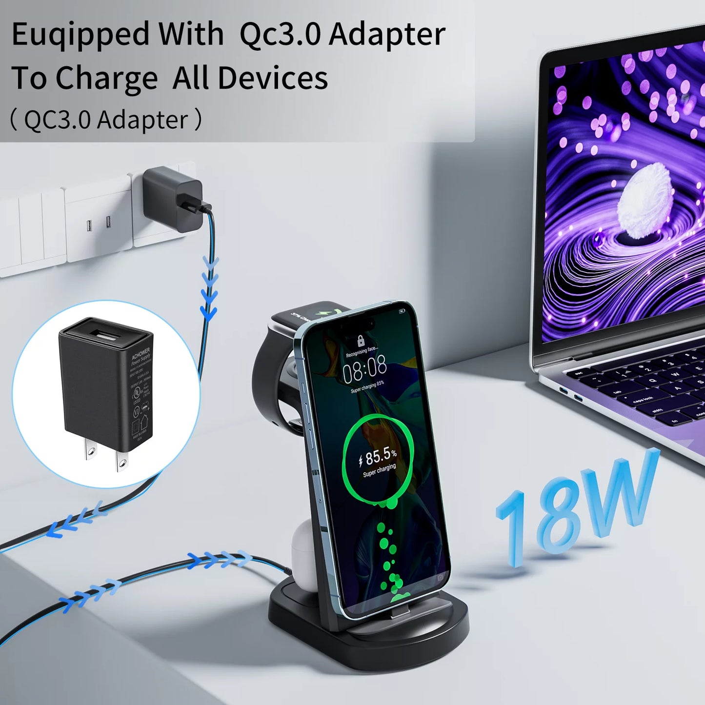 Charging Station for Apple Multiple Devices, 3 in 1 Fast Charging Dock Stand for Iphone 14 Pro Max/13/12/11/X/8 plus and Airpods 1/2/3/Pro, Wireless Charger for Apple Watch Ultra/8/7/6/Se/5/4/3/2