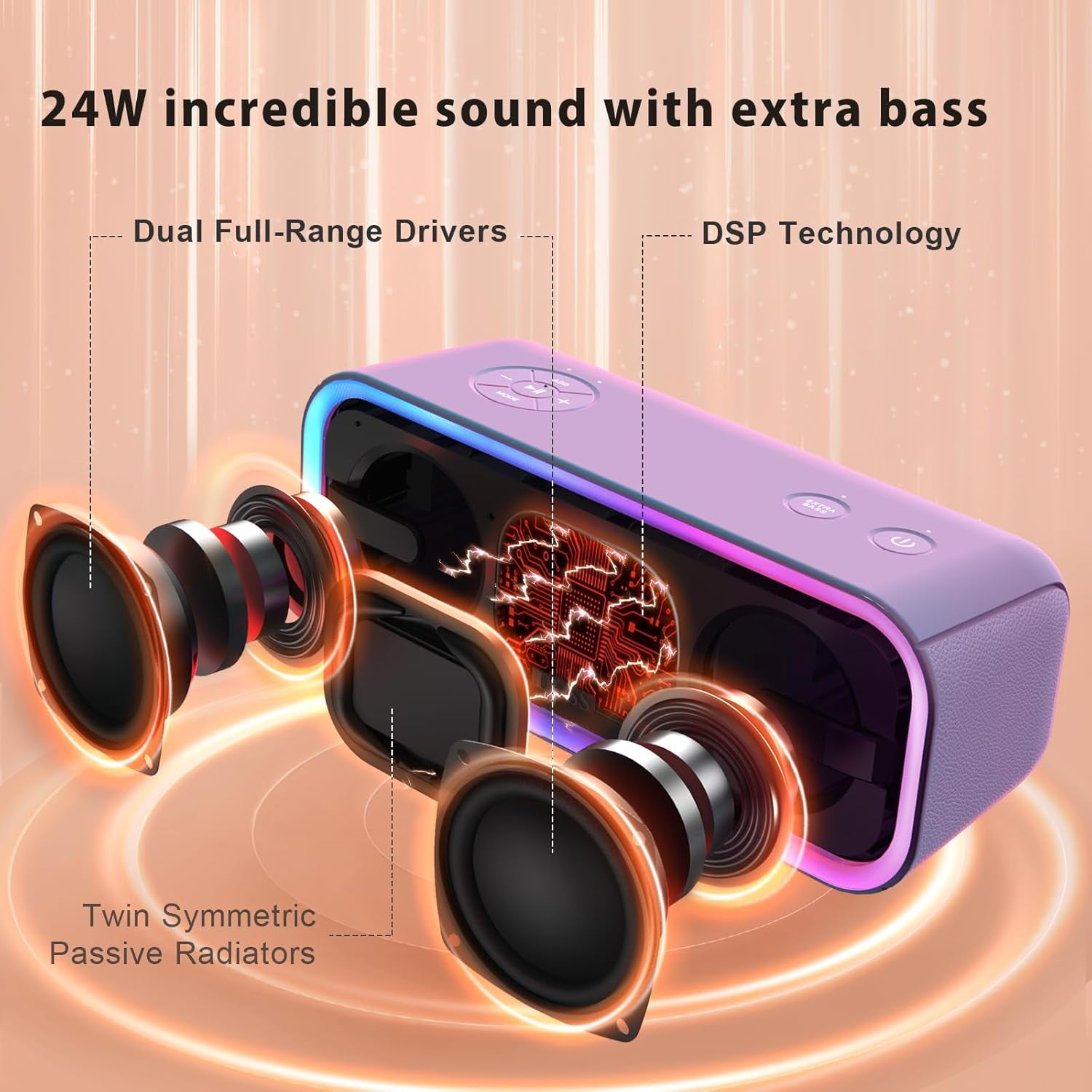 Bluetooth Speaker, Soundbox Pro+ Wireless Bluetooth Speaker with 24W Impressive Sound, Booming Bass, IPX6 Waterproof, 15Hrs Playtime, Wireless Stereo Pairing, Mixed Colors Lights, 66 FT- Grey