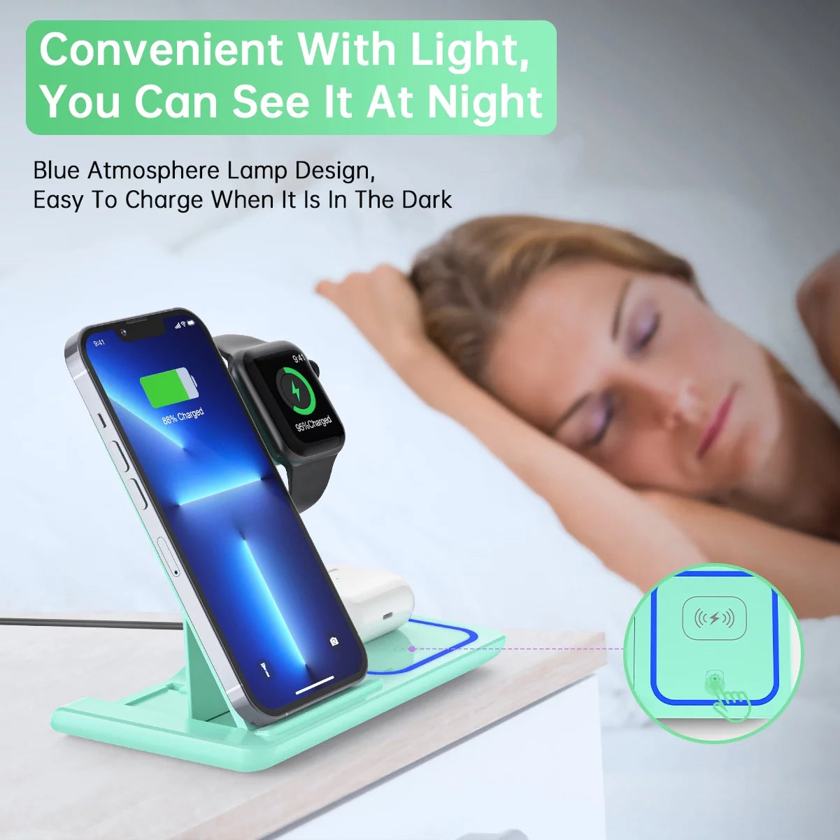 Wireless Charger, 3 in 1 Fast Wireless Charging Station with Breathing Indicator Compatible with Iphone 15/14/13/12/11 Pro Max/Xs, Apple Watch 8/7/6/5/4, Airpods 3/2/1, Samsung Galaxy(With Adapter)