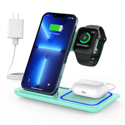 Wireless Charger, 3 in 1 Fast Wireless Charging Station with Breathing Indicator Compatible with Iphone 15/14/13/12/11 Pro Max/Xs, Apple Watch 8/7/6/5/4, Airpods 3/2/1, Samsung Galaxy(With Adapter)