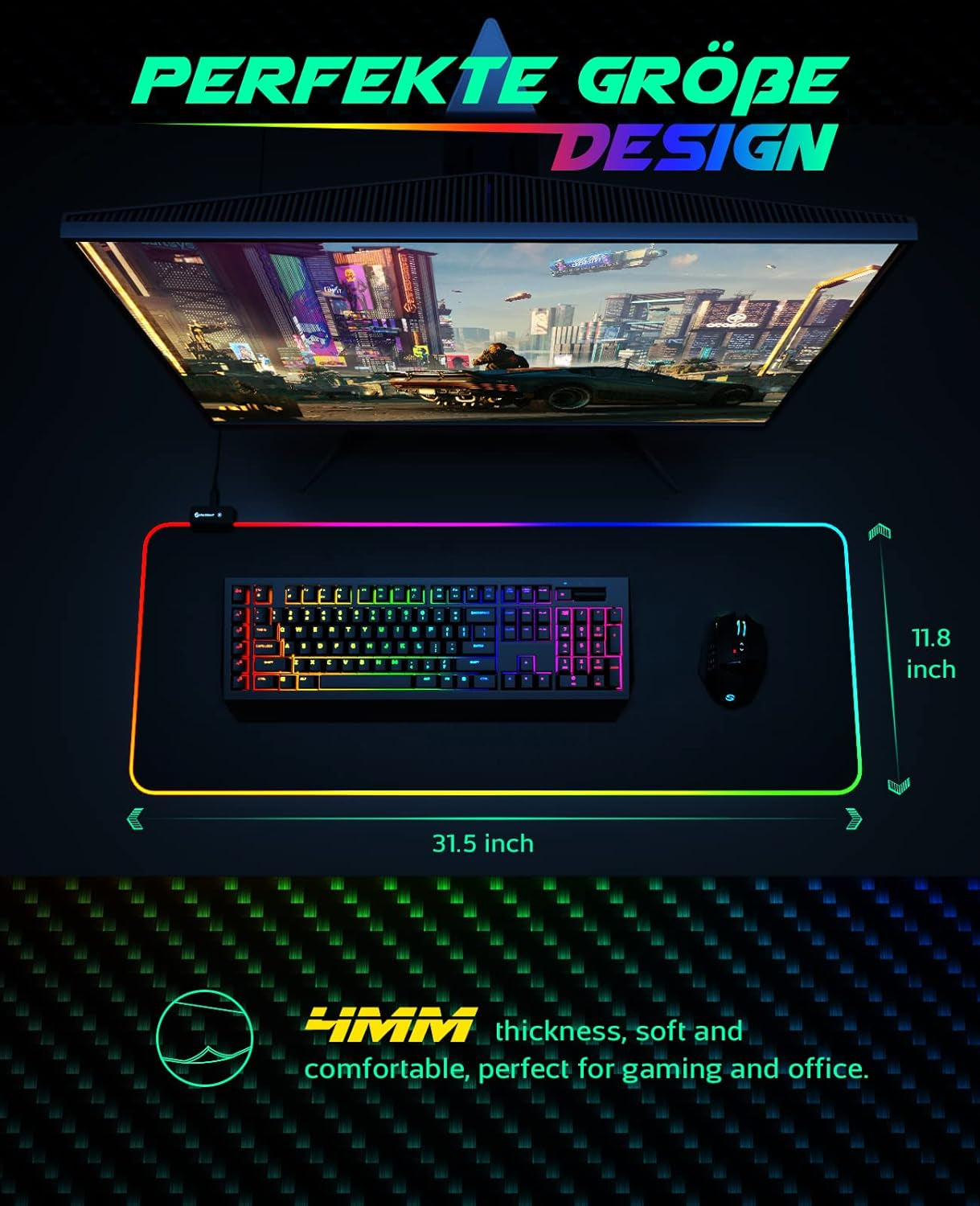 RGB Gaming Mouse Pad,  Large Extended Soft Led Mouse Pad with 14 Lighting Modes 2 Brightness Levels, Computer Keyboard Mousepads Mat 800 X 300Mm / 31.5×11.8 Inches