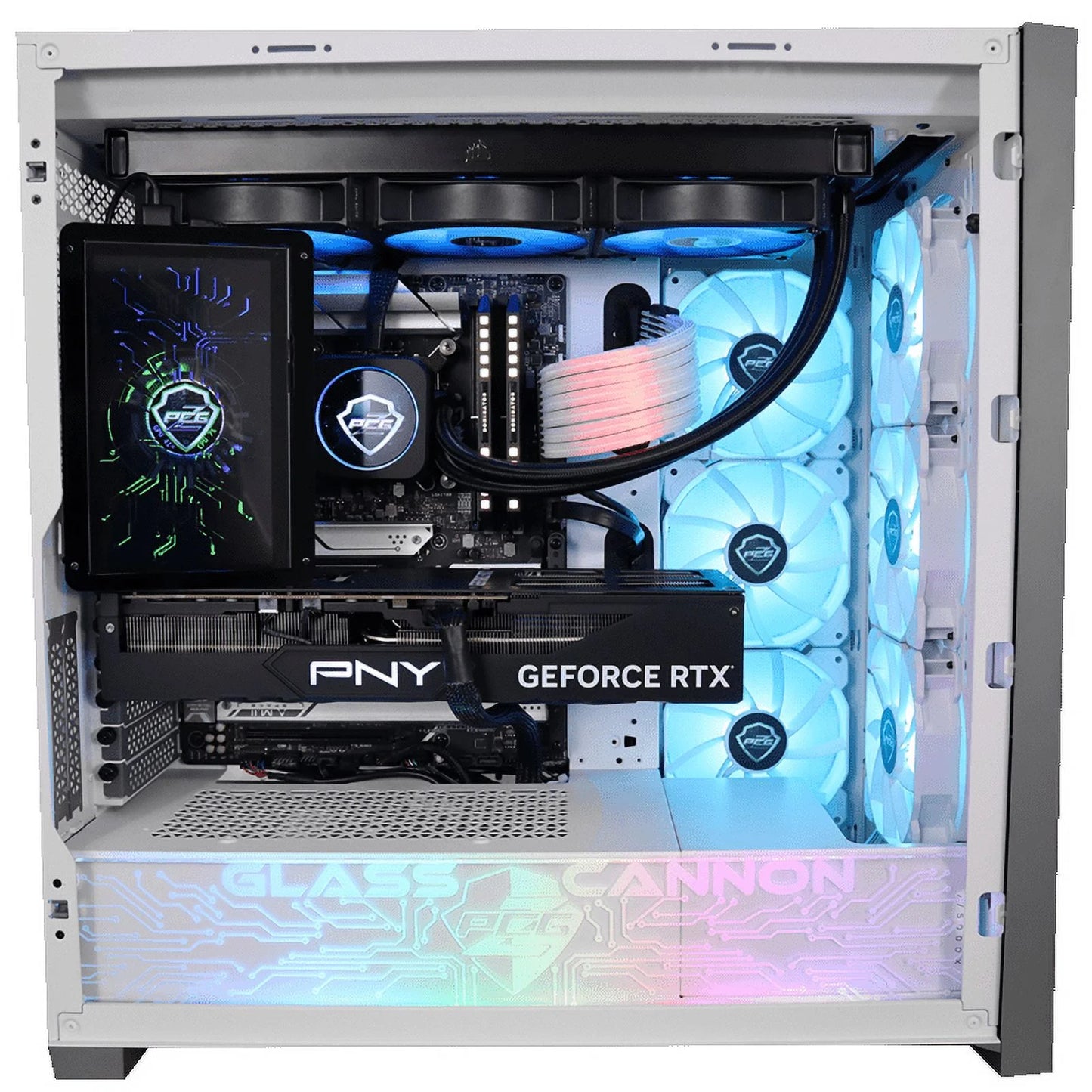 Oasis Blue Glass Cannon Custom Gaming Desktop PC; Nvidia RTX 4090, Intel Core I9 13900K, 64Gb DDR5 RAM, Asus Z790-A Wifi, 2 TB M.2 NVME SSD, Corsair H150I Elite LCD, 1000W Gold PSU, Windows 10 Pro