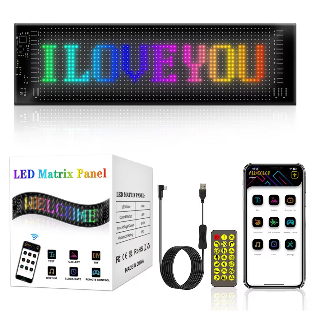 RGB LED Car Sign Animation LED Matrix Pixel Panel DIY Programmable Bluetooth App Control LED Panel Flexible Display Light