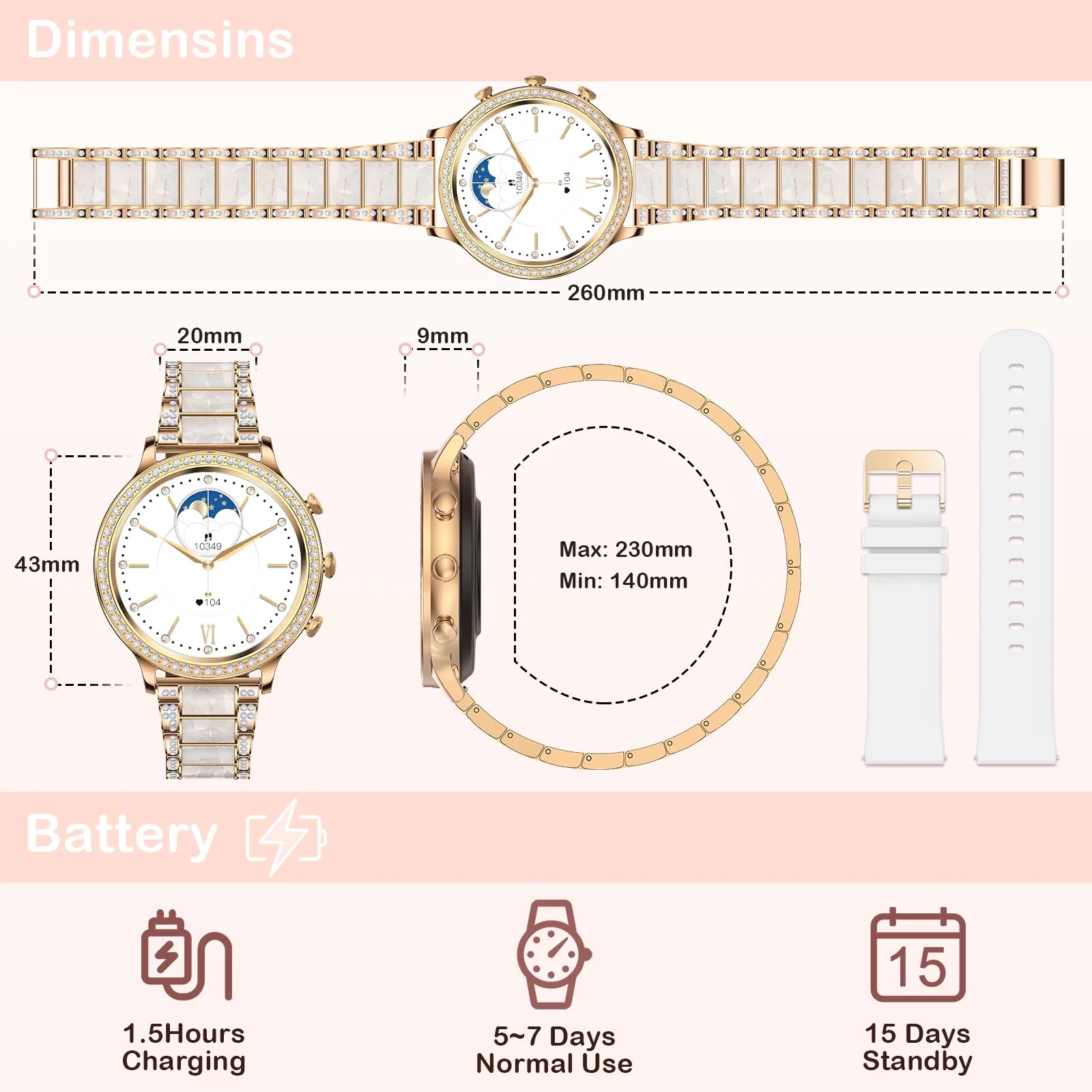 Women'S Smart Watch Calling Watch Android Smart Watch with Call, Text and Camera Smart Watch for Android Devices, Gold