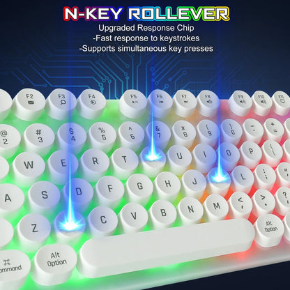 Typewriter Gaming , Retro Punk round Keycaps LED Backlit USB Wired Computer Keyboard for Game and Office, for Windows Laptop PC, Red Switches (White)